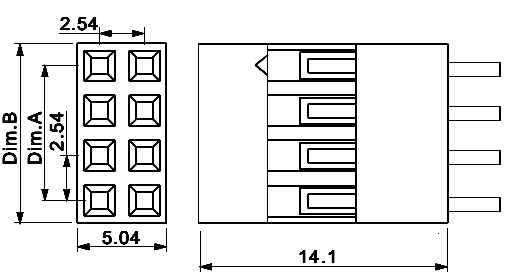 2226B-XX (BLD-XX) серия, корпуса двухрядных розеток на провод, шаг 2,54x2,54 мм, Соединители штыревые открытые плата/плата (межплатные штыревые линейки) и гнезда для них > шаг 2,54x2,54 мм