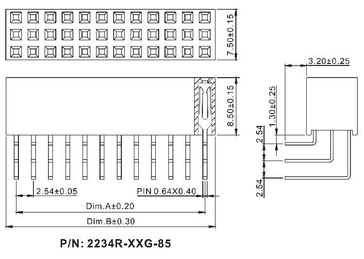 2234R-XXG-85 серия, розетки трехрядные угловые на плату для монтажа в отверстия, шаг 2,54 x 2,54 мм, Соединители плата/плата (разъемы межплатные), штыревые линейки и гнезда для них > 2,54 x 2,54