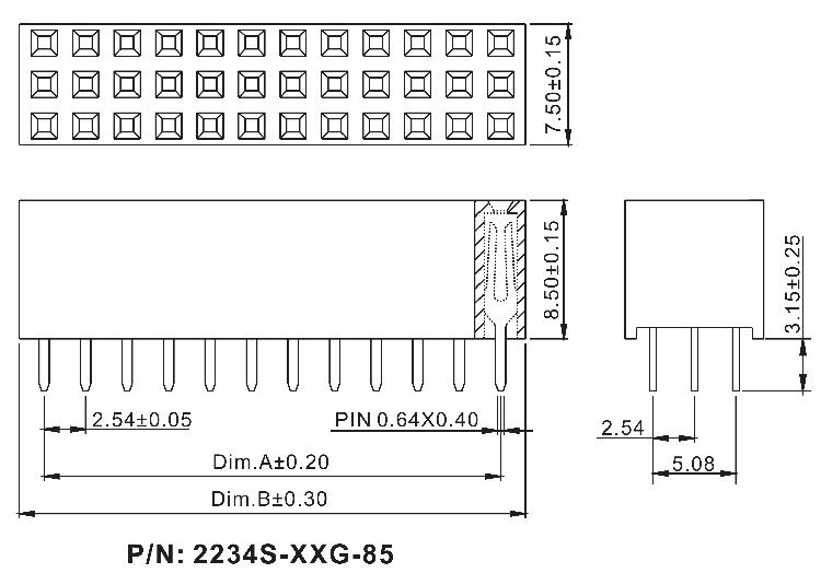 2234S-XXXG-85 (PBT-XXX) серия, розетки трехрядные прямые (гнездо) на плату для монтажа в отверстия, шаг 2,54x2,54 мм, Соединители штыревые открытые плата/плата (межплатные штыревые линейки) и гнезда для них > шаг 2,54x2,54 мм