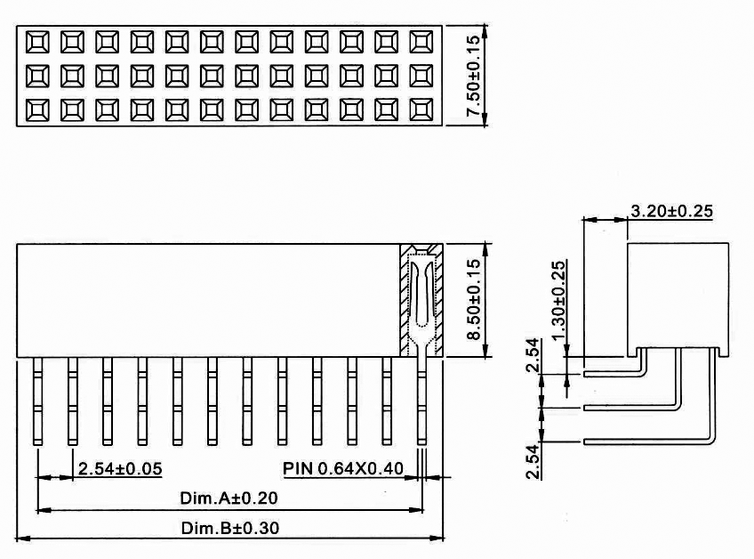 2234R-XXXG-85 (PBT-XXXR) серия, розетки трехрядные угловые (гнездо) на плату для монтажа в отверстия, шаг 2,54x2,54 мм, Соединители штыревые открытые плата/плата (межплатные штыревые линейки) и гнезда для них > шаг 2,54x2,54 мм