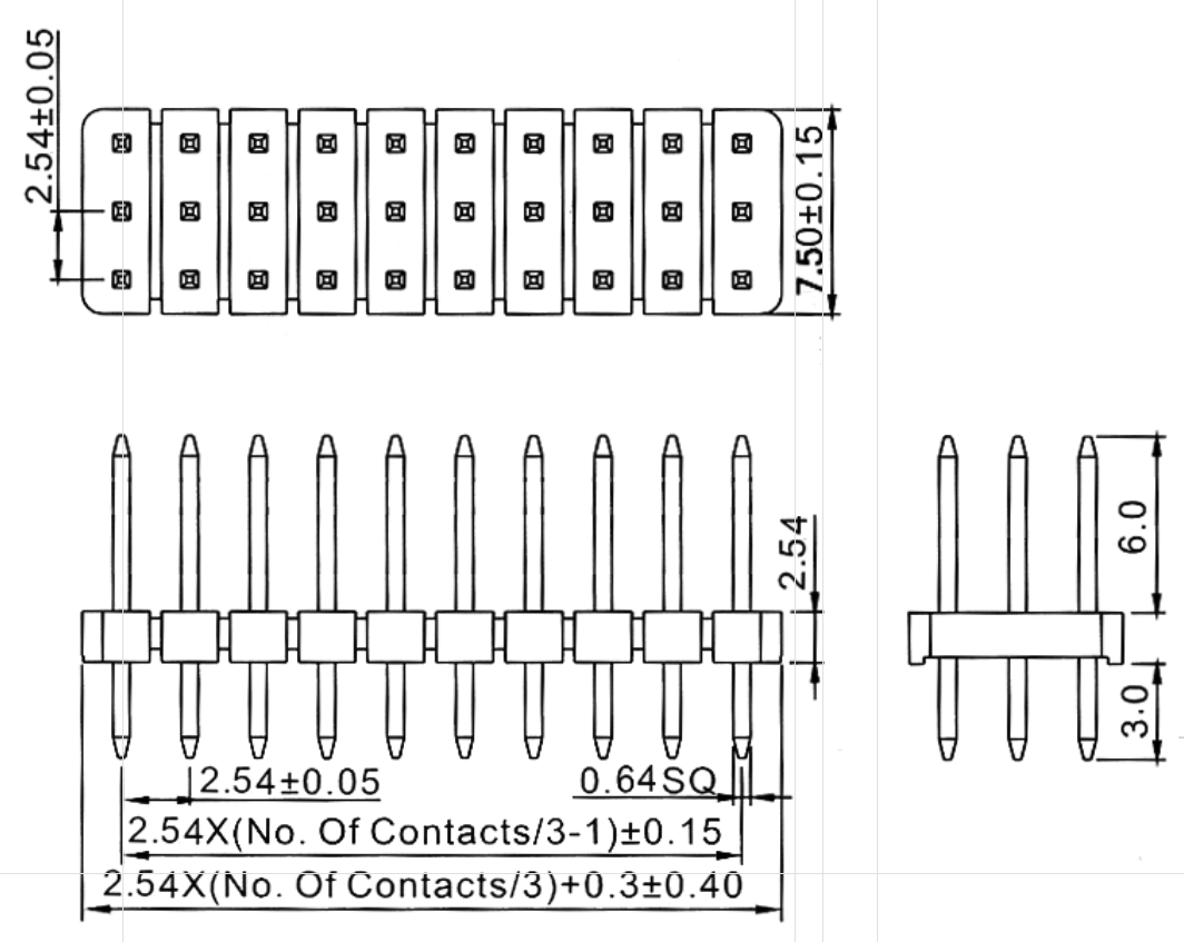 BL1225-13xxS серия, вилки трехрядные прямые, шаг 2,54x2,54 мм, Соединители штыревые открытые плата/плата (межплатные штыревые линейки) и гнезда для них > шаг 2,54x2,54 мм