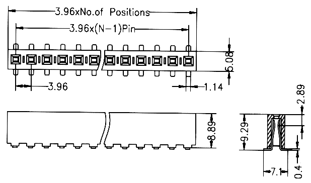 BL2289-01xxM серия, розетки однорядные SMD прямые, шаг 3,96 мм, Соединители межплатные > шаг 3,96 мм