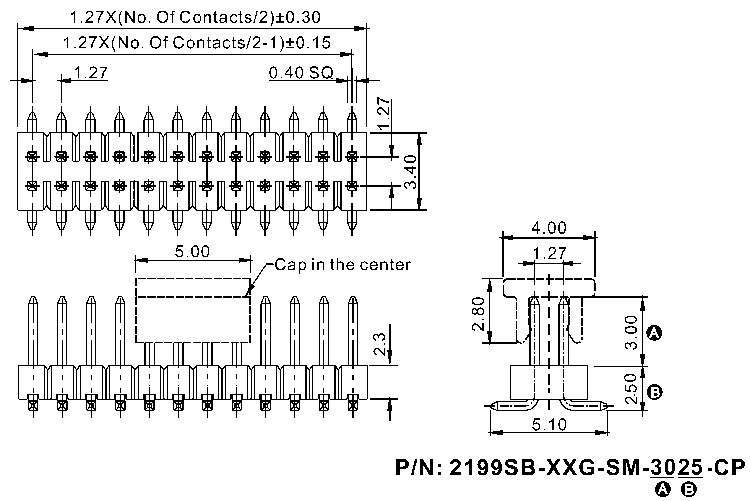 2199SB-XXG-SM-XXXX-CP серия, вилки открытые прямые двухрядные на плату для поверхностного (SMD) монтажа с захватом, шаг 1,27x1,27 мм, Соединители плата/плата (разъемы межплатные), штыревые линейки и гнезда для них > 1,27 x 1,27