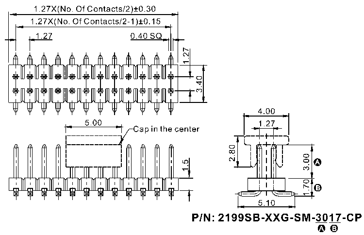 2199SB-XXG-SM-XXXX-CP серия, вилки открытые прямые двухрядные на плату для поверхностного (SMD) монтажа с захватом, шаг 1,27x1,27 мм, Соединители плата/плата (разъемы межплатные), штыревые линейки и гнезда для них > 1,27 x 1,27