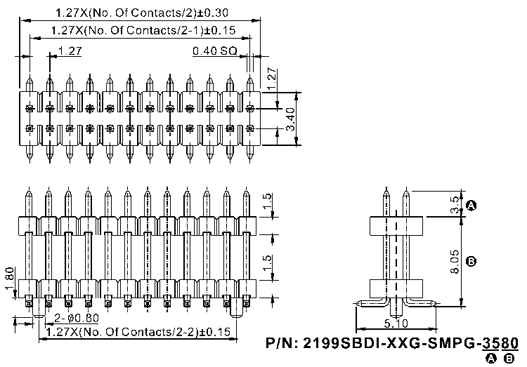 2199SBDI-XXG-SMPG-XXXX серия, вилки открытые прямые двухрядные приподнятые на плату для поверхностного (SMD) монтажа, шаг 1,27x1,27 мм, Соединители плата/плата (разъемы межплатные), штыревые линейки и гнезда для них > 1,27 x 1,27