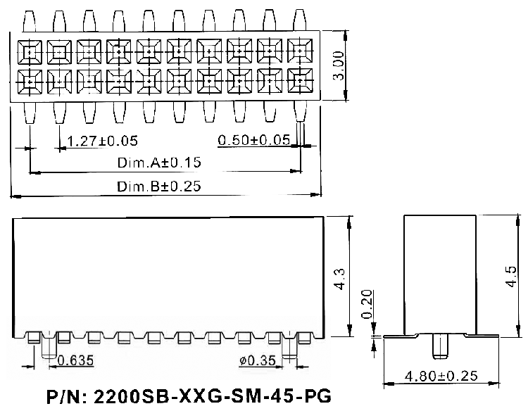 2200SB-XXG-SM-45-PG серия, розетки прямые двухрядные на плату для поверхностного (SMD) монтажа с направляющими, шаг 1,27x1,27 мм, Соединители плата/плата (разъемы межплатные), штыревые линейки и гнезда для них > 1,27 x 1,27