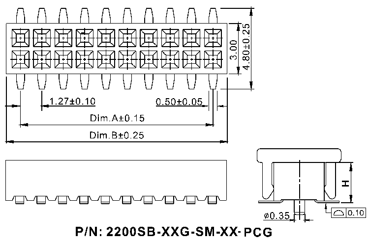 2200SB-XXGG-SM-36-PCG серия, розетки прямые двухрядные на плату для поверхностного (SMD) монтажа с направляющими и захватом, шаг 1,27x1,27 мм, Соединители плата/плата (разъемы межплатные), штыревые линейки и гнезда для них > 1,27 x 1,27