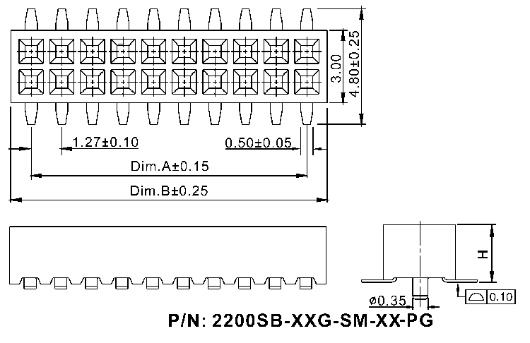 2200SB-XXGG-SM-23-PG серия, розетки прямые двухрядные на плату для поверхностного (SMD) монтажа с направляющими, шаг 1,27x1,27 мм, Соединители плата/плата (разъемы межплатные), штыревые линейки и гнезда для них > 1,27 x 1,27