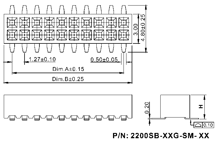 2200SB-XXGG-SM-45 серия, розетки прямые двухрядные на плату для поверхностного (SMD) монтажа, шаг 1,27x1,27 мм, Соединители плата/плата (разъемы межплатные), штыревые линейки и гнезда для них > 1,27 x 1,27