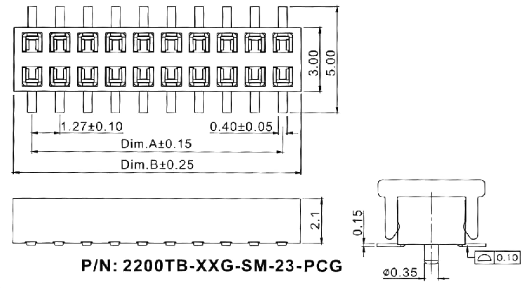2200SB-XXG-SM-23-PCG серия, розетки прямые двухрядные на плату для поверхностного (SMD) монтажа с направляющими и захватом, шаг 1,27x1,27 мм, Соединители плата/плата (разъемы межплатные), штыревые линейки и гнезда для них > 1,27 x 1,27