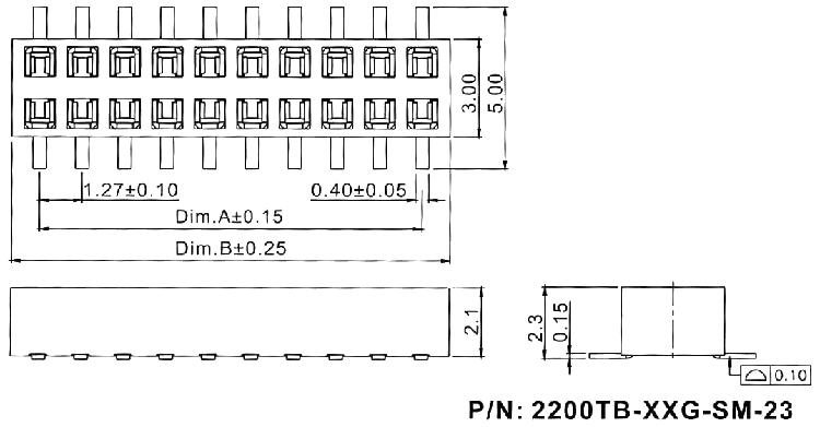2200SB-XXG-SM-23 серия, розетки прямые двухрядные на плату для поверхностного (SMD) монтажа, шаг 1,27x1,27 мм, Соединители плата/плата (разъемы межплатные), штыревые линейки и гнезда для них > 1,27 x 1,27