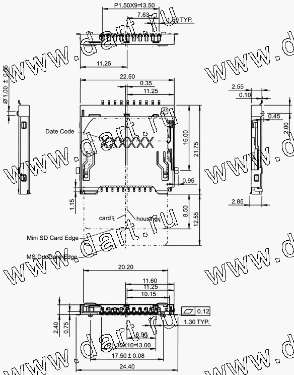 MIM021-A0-0010, 2 in 1 Connector MS Duo + MiniSD, Держатели карт памяти / Комбинированные типы держателей карт / 2 в 1