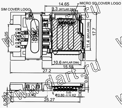 SMSN14-J0-0000, 2 in 1 Connector Sim + Micro SD Hinge Type, Держатели карт памяти / Комбинированные типы держателей карт / 2 в 1