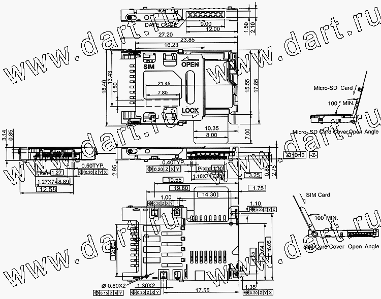SMSN16-J0-2200, 2 in 1 Connector Sim + Micro SD Dual Hinge Type, Держатели карт памяти / Комбинированные типы держателей карт / 2 в 1