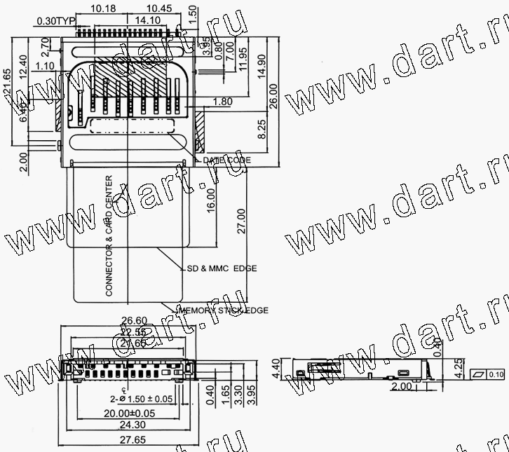SDCN24-A0-5012, Mini 6 in 1 Connector Normal type, SD + Mini SD + MMC + MMC4.0 + RS-MMC + RS-MMC4.0, Комбинированные типы держателей карт 6 в 1