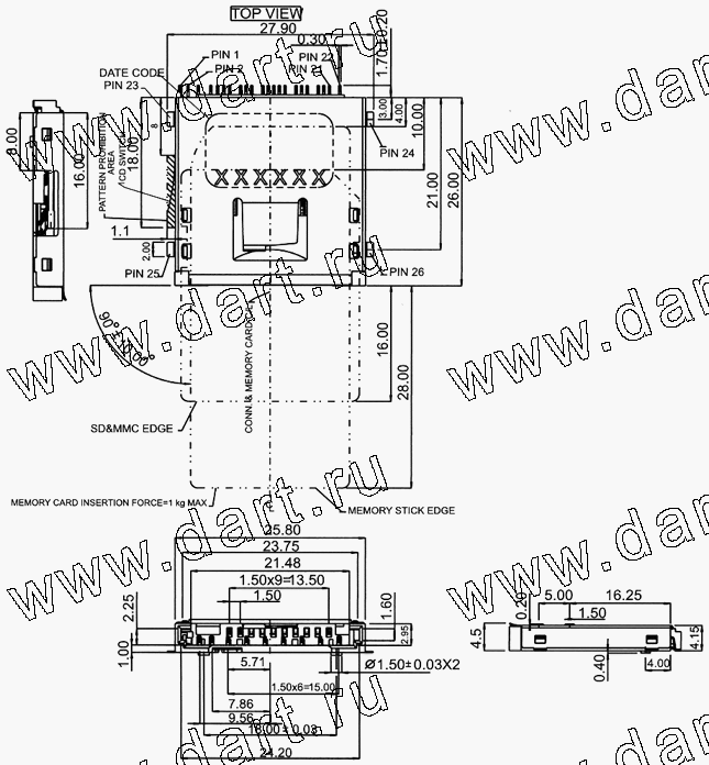 MSD019-A0-10A0, 3 in 1 Connector MS + SD + MMC Normal Type, Комбинированные типы держателей карт памяти 3 в 1