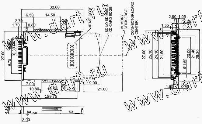 MSX039-A0-2021, 4 in 1 Connector MS + SD + MMC + XD Normal Type with SD I/O, Комбинированные типы держателей карт 4 в 1