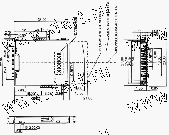 MSX039-A0-4052, 4 in 1 Connector MS + SD + MMC + XD Normal Type, Комбинированные типы держателей карт 4 в 1