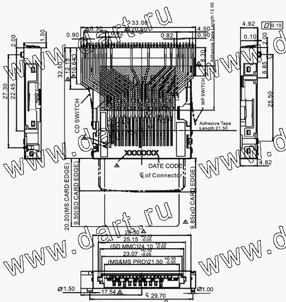 MSXR039-A0-0000, 4 in 1 Connector MS + SD + MMC + xD Reverse Type with SD I/O, Комбинированные типы держателей карт 4 в 1