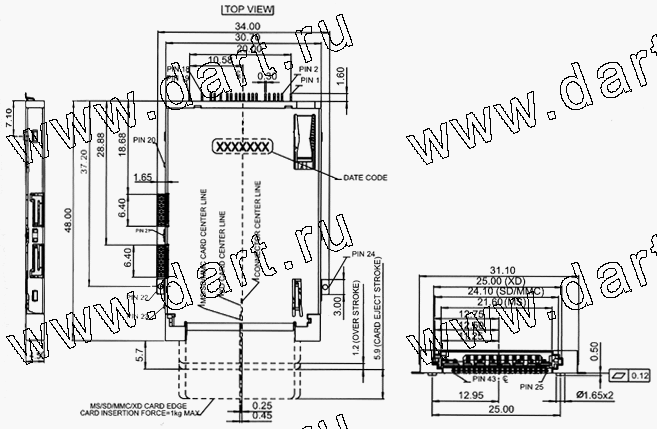 MXP039-A0-1021, 4 in 1 Connector MS + SD + MMC + XD Push Normal Type with SD I/O, Комбинированные типы держателей карт 4 в 1