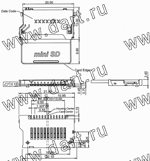 MIS011-A0-000X, Mini SD Normal Type, SD карт держатели, Одиночные держатели, Держатели карт памяти