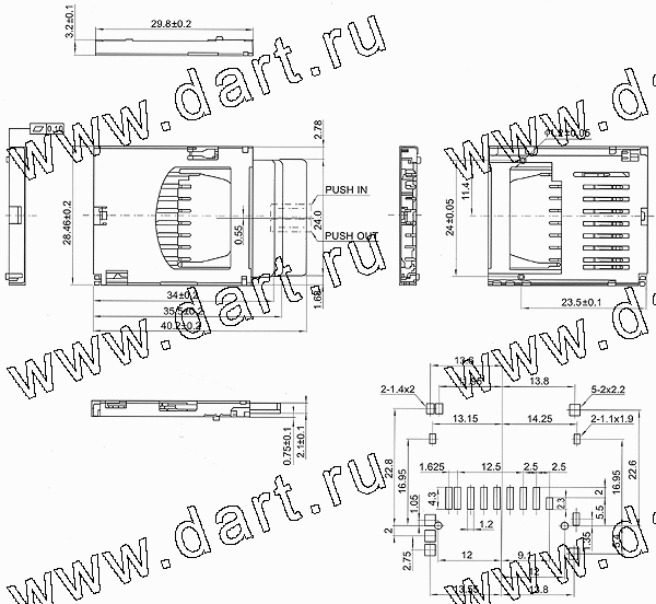 SD-06F, SD Card Connector Reverse Short Type, SD карт держатели, Одиночные держатели, Держатели карт памяти