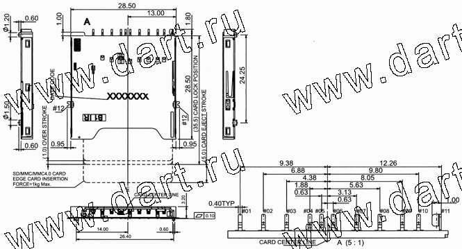 SDSR09-A0-00X5, SD Card Connector Reverse Short Type, SD карт держатели, Одиночные держатели, Держатели карт памяти