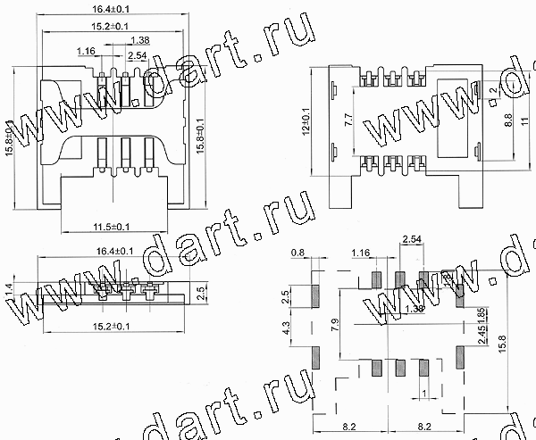 SIM-2.54-2.5, SIM карт держатели, Одиночные держатели, Держатели карт памяти