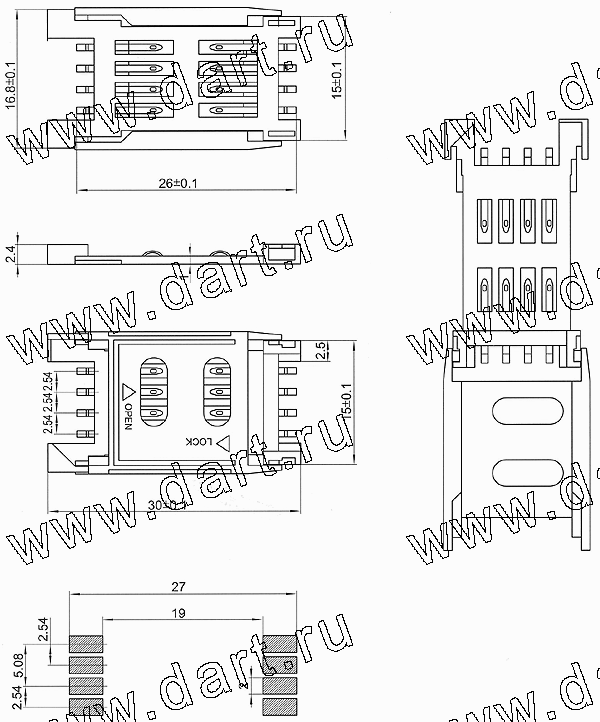 SIM-2.54-8, SIM карт держатели, Одиночные держатели, Держатели карт памяти