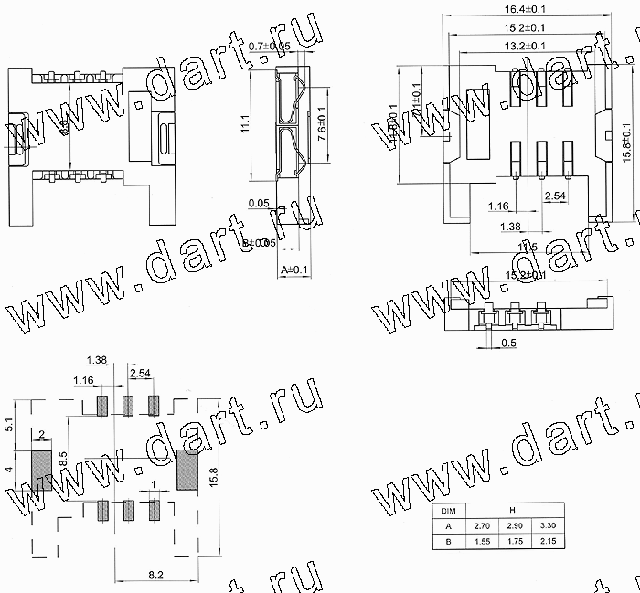 SIM-2.54-HC, SIM карт держатели, Одиночные держатели, Держатели карт памяти