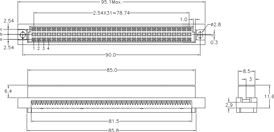 розетка DIN 41612 9001-1264IDC на шлейф с шагом 1,27 мм 3-х рядная