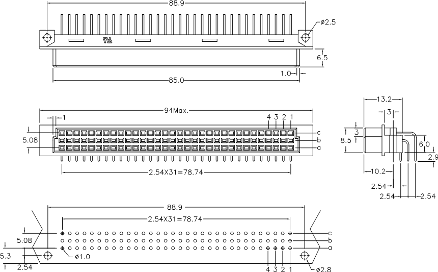 DIN 41612 9001-18/9001-28 серии, розетки угловые 3-х рядные на плату, шаг 2,54/5,08 мм