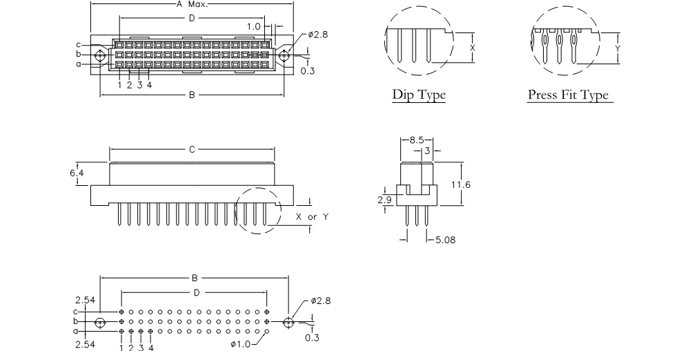 DIN 41612 9001-16/9001-26 серии, розетки прямые 3-х рядные на плату, шаг 2,54/5,08 мм