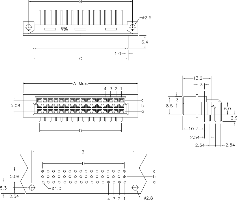 DIN 41612 9001-18/9001-28 серии, розетки угловые 3-х рядные на плату, шаг 2,54/5,08 мм