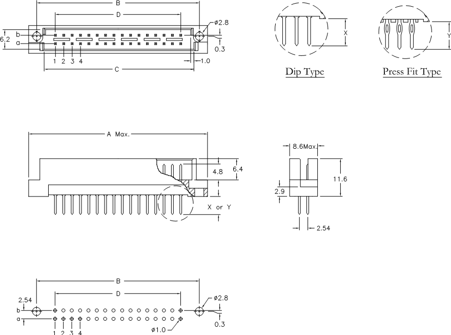 DIN 41612 9001-37/9001-47 ,   2-   ,  2,54/5,08 