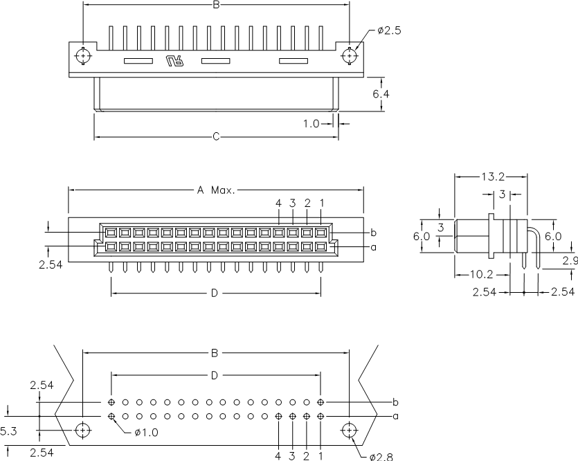 DIN 41612 9001-38/9001-48 серии, розетки угловые 2-х рядные на плату, шаг 2,54/5,08 мм