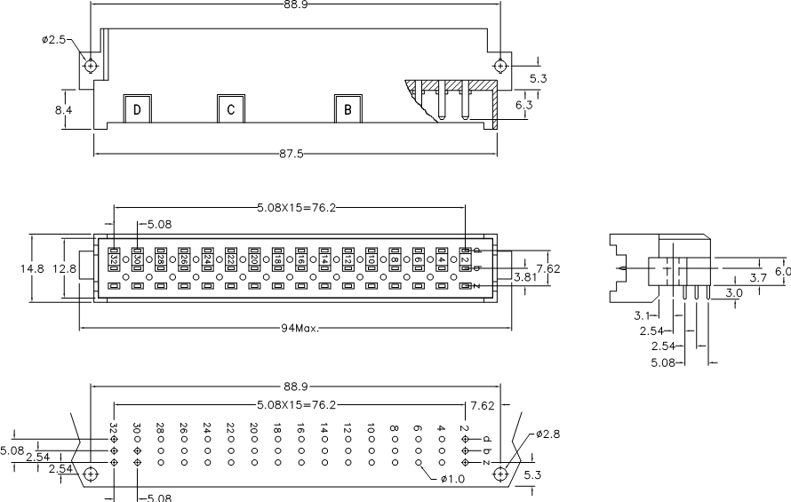 DIN 41612 9001-62 серии, розетки угловые 3-х рядные на плату, шаг 5,08 мм