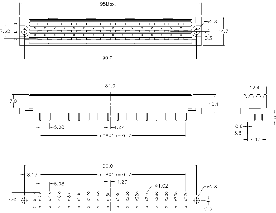 DIN 41612 9001-64 серии, розетки прямые 3-х рядные на плату, шаг 5,08 мм