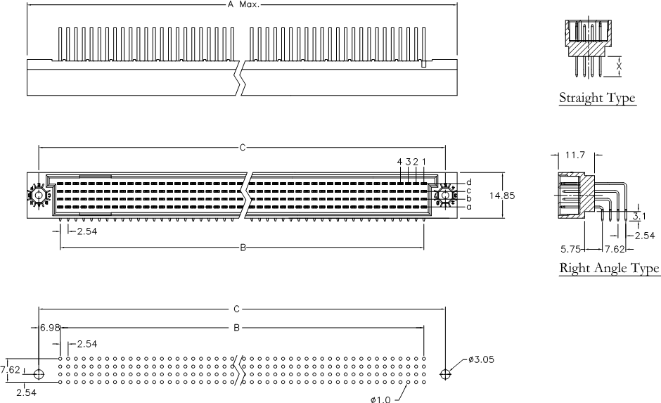 DIN 41612 9001-71/9001-73 серии, вилки угловые и прямые 4-х рядные на плату, шаг 2,54 мм