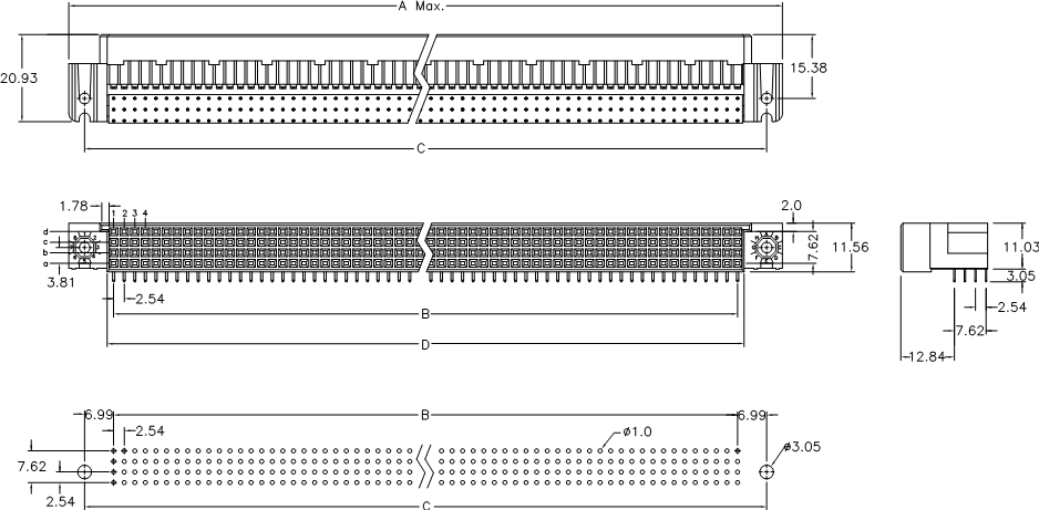DIN 41612 9001-74 серия, розетки угловые 4-х рядные на плату, шаг 2,54 мм