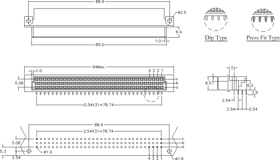 DIN 41612 9001-18/9001-28 серии, розетки угловые 3-х рядные на плату, шаг 2,54/5,08 мм