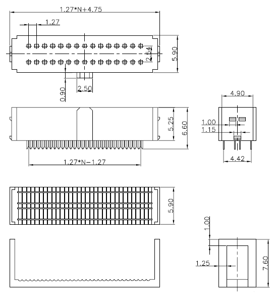 Розетки на плоский кабель (шлейф) серии DS1016-01-XX (IDC1.27x2.54-XXF), шаг 1.27x2.54 мм