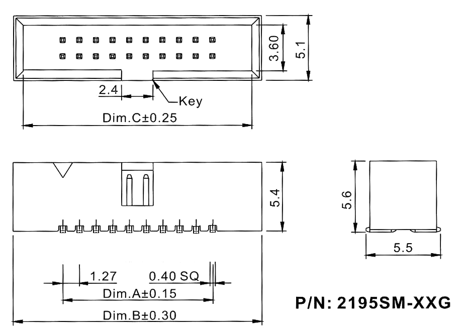 2195SM-XXG (BH1,27-XX-SMD) серия, вилки закрытые прямые на плату для поверхностного монтажа, шаг 1,27 мм x 1,27мм, Разъемы для плоского кабеля серии IDC