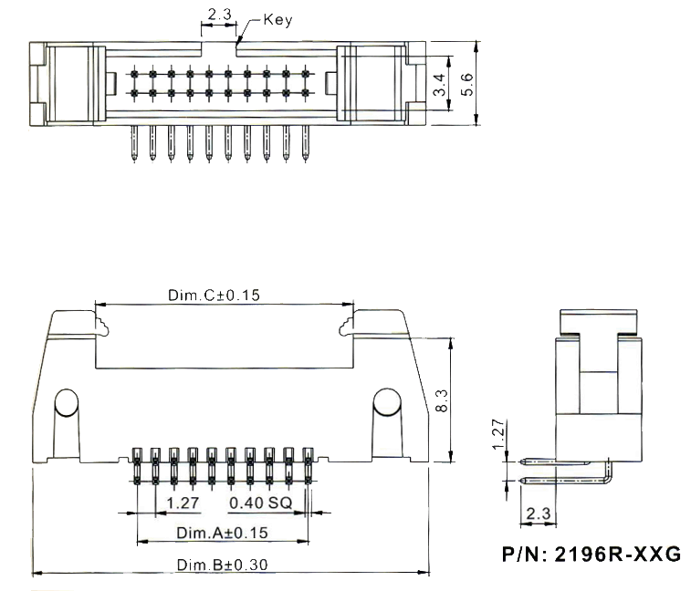 2196R-XXG (SCM1,27R-XX) серия, вилки закрытые с защелками угловые на плату для монтажа в отверстия, шаг 1,27 мм x 1,27мм, Разъемы для плоского кабеля серии IDC