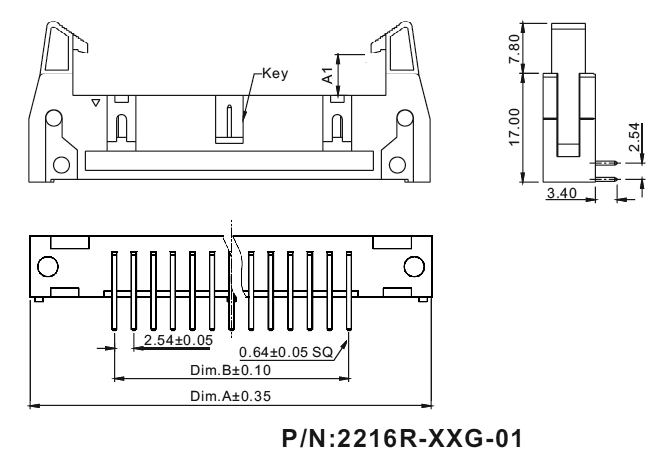 2216R-XX-01 (SCM-XXR-01, DS1011-XXR-01, IDCC-XXMR-01) серия: Вилки закрытые с короткими выталкивателями угловые на плату для монтажа в отверстия, шаг 2.54x2.54 мм, Разъемы для плоского кабеля серии IDC