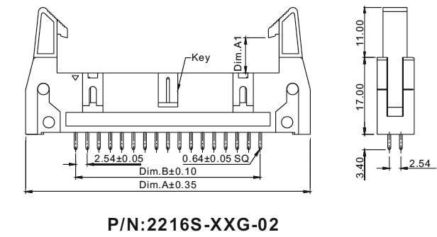 2216S-XX-02 (SCM-XXS-02, DS1011-XXS-02, IDCC-XXMS-02) серия: Вилки закрытые с длинными выталкивателями прямые на плату для монтажа в отверстия, шаг 2.54x2.54 мм, Разъемы для плоского кабеля серии IDC