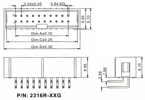 2316R-XXG-XX (BH-XXR) серия, вилки закрытые угловые на плату для монтажа в отверстия, шаг 2,54 мм x 2,54мм, Разъемы для плоского кабеля серии IDC 2316R-XXG-XX (BH-XXR) серия, вилки закрытые угловые на плату для монтажа в отверстия, шаг 2,54 мм x 2,54мм, Разъемы для плоского кабеля серии IDC