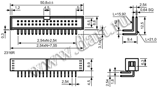 2316R-XXG-CP (BHR-XX) серия, вилка закрытая с выталкивателями с монтажной крышкой угловая на плату для монтажа в отверстия, шаг 2,54 мм x 2,54мм, Разъемы для плоского кабеля серии IDC