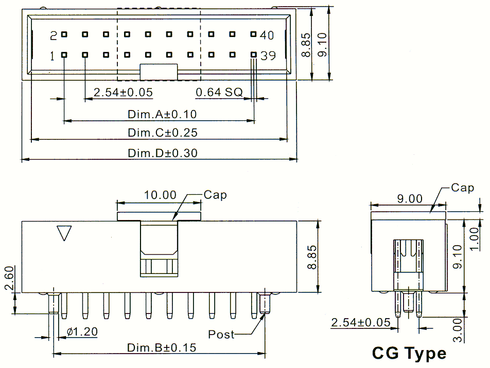 2316S-XXG-CG (BH-XX) серия, вилка закрытая прямая с монтажной крышкой на плату для монтажа в отверстия, шаг 2,54 мм x 2,54мм, Разъемы для плоского кабеля серии IDC