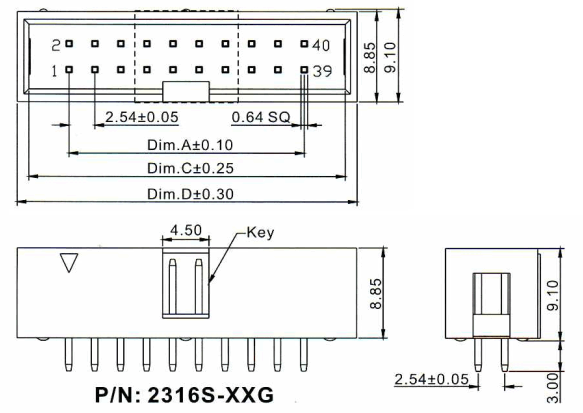 2316S-xxG (BH-xx, DS1013-xxS, IDC-xxMS) Вилки закрытые прямые на плату для монтажа в отверстия шаг 2,54x2,54 мм 22316S-xxG (BH-xx, DS1013-xxS, IDC-xxMS) Вилки закрытые прямые на плату для монтажа в отверстия шаг 2,54x2,54 мм, Разъемы для плоского кабеля серии IDC